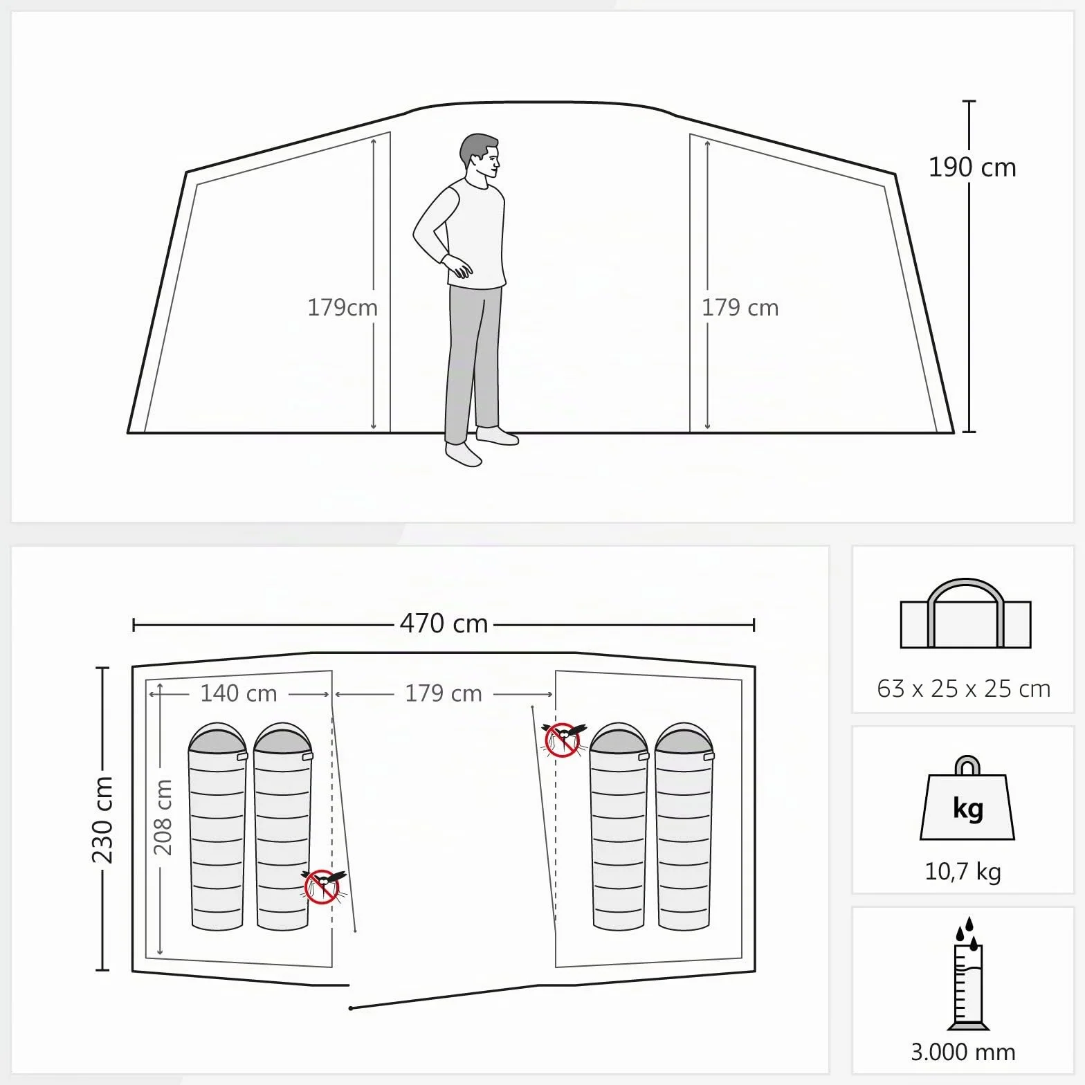 JUSTCAMP Lake 4 Tienda de Campaña Familiar 4 Personas (470 x 230 x 190 cm)