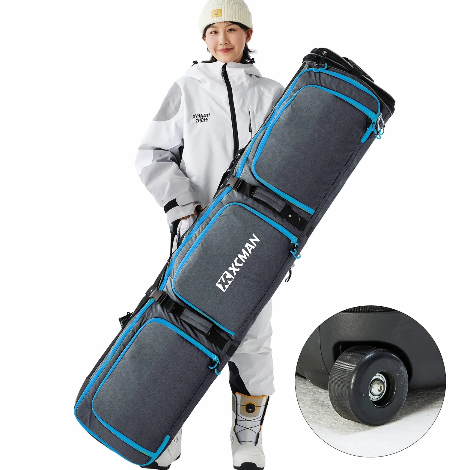 XCMAN Bolsa de Snowboard Acolchada con Ruedas Ajustable 63-75 Pulgadas 100L