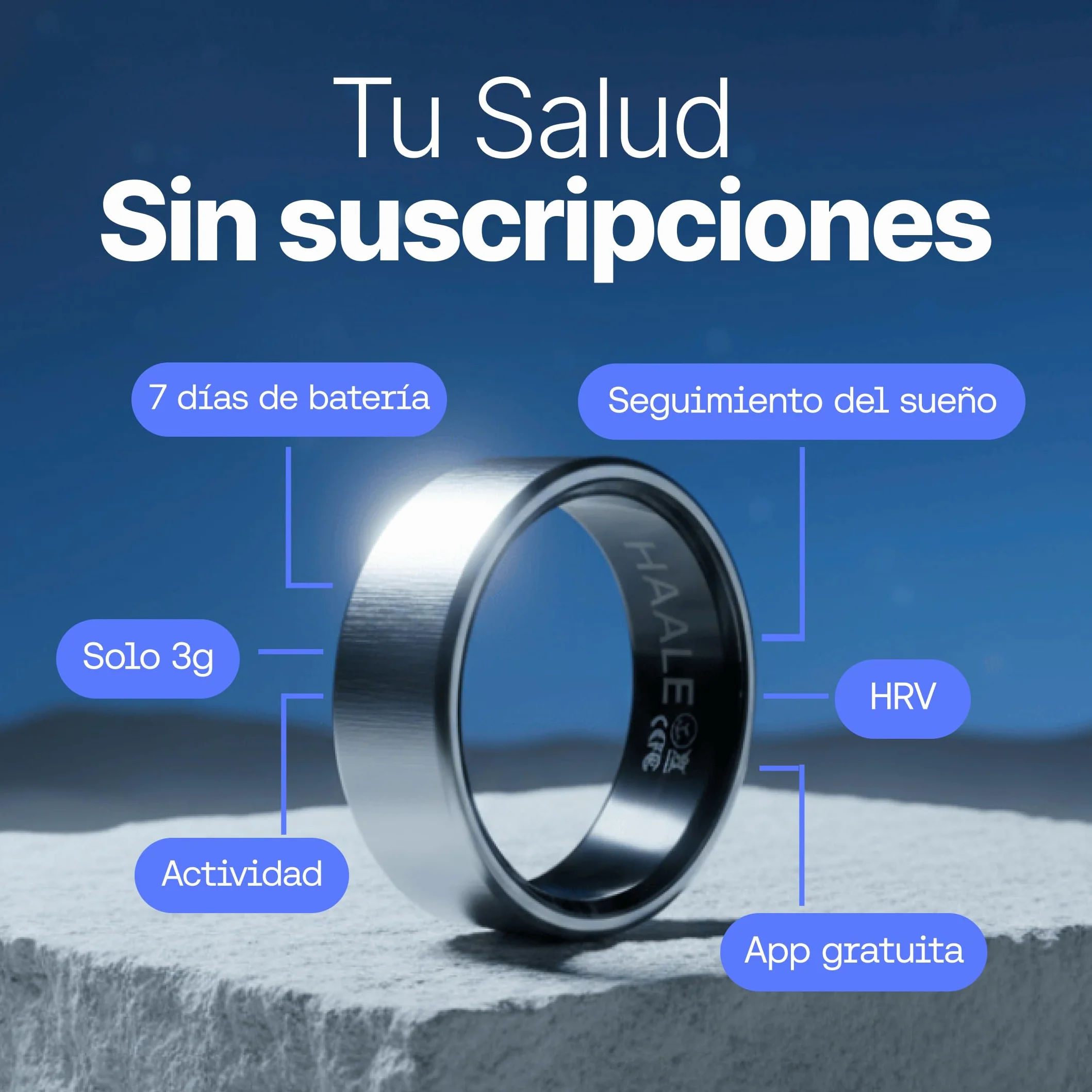 HAALE II Anillo Inteligente Android & iOS Bluetooth 5.0 - Smart Ring Anillo Inteligente Hombre & Mujer - con App Propia, monitoreo de estrés, sueño, periodo Menstrual, y más