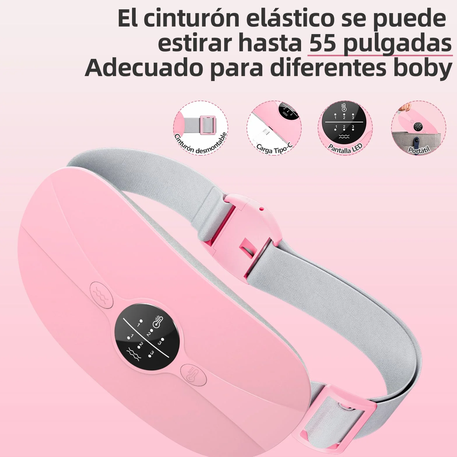 Almohadilla térmica menstrual, Cinturón de Calentamiento Eléctrico USB para el Vientre, 3 Niveles de Calor y 3 Modos de Masaje, Soporte de Espalda Calentado para Alivio Dolor Menstrual (Rose)