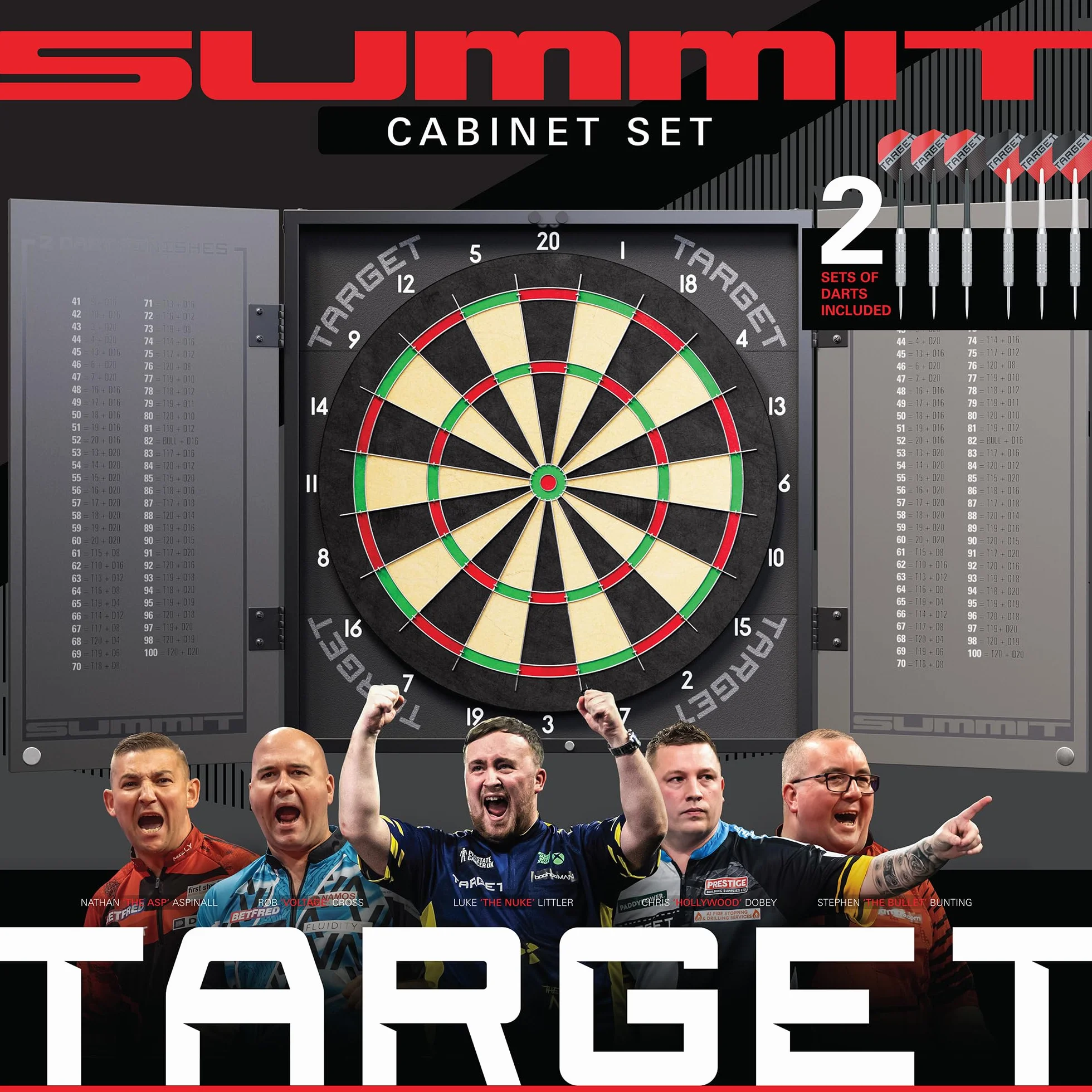 Target Darts Summit y Home Gabinete y Juegos de Dianas | Juego Completo de Dardos | Incluye Armario y Diana, Latón con Punta de Acero | Summit Incluye 1 Mes de Suscripción a la Aplicación Dartcounter