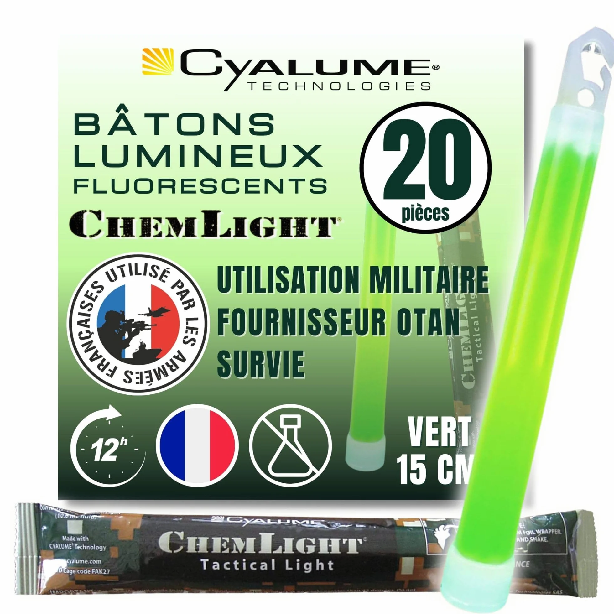 Cyalume ChemLight Lightsticks - Barra luminosa de 15 cm, con duración de 12 horas (caja de 20)