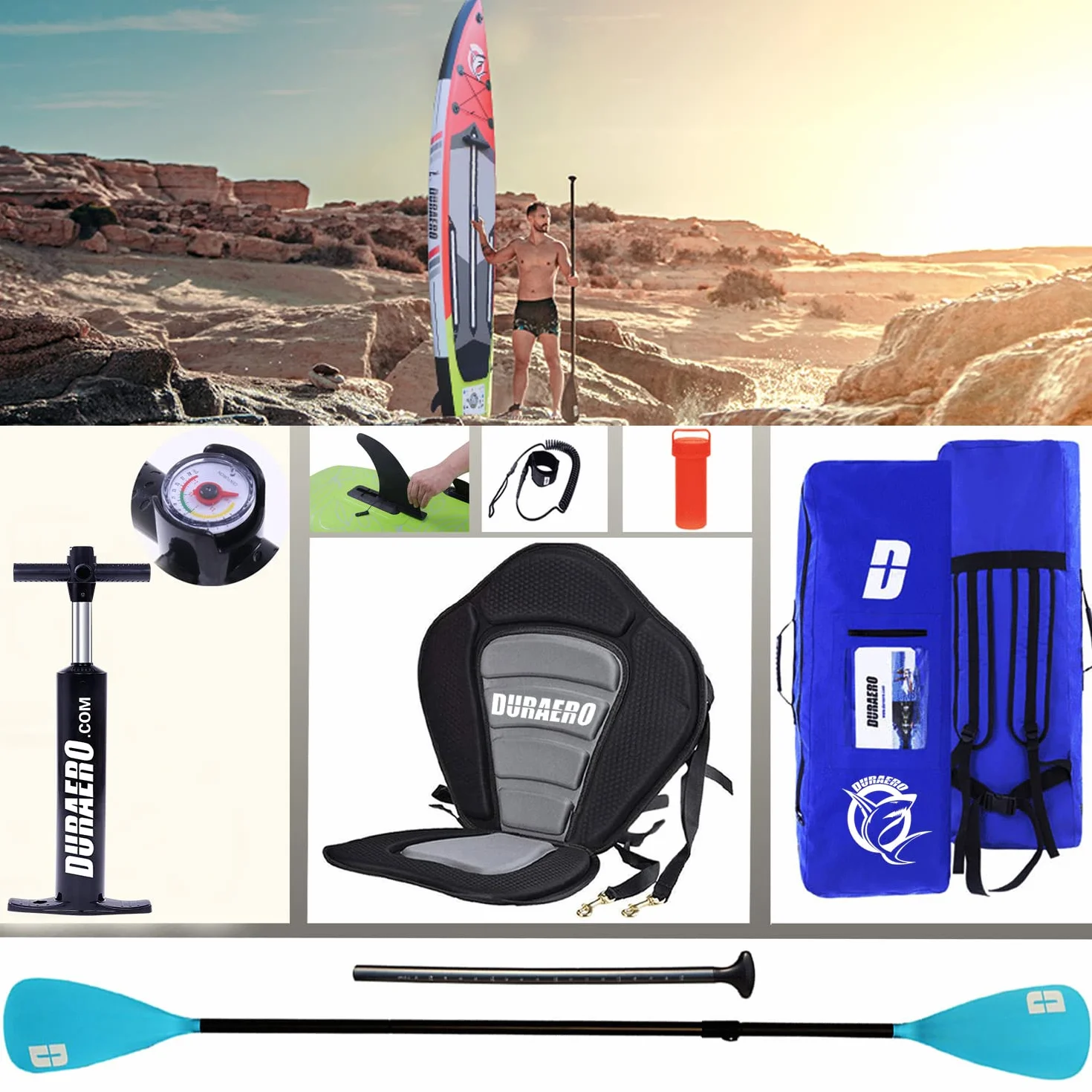 Tabla Hinchable de Paddle Surf con Asiento de Kayak, 330 x 76 x 15 cm, hasta 150 kg, Almohadilla Integrada, Aleta Desmontable, Doble Remo Ajustable, Kit de Reparación (Rojo)