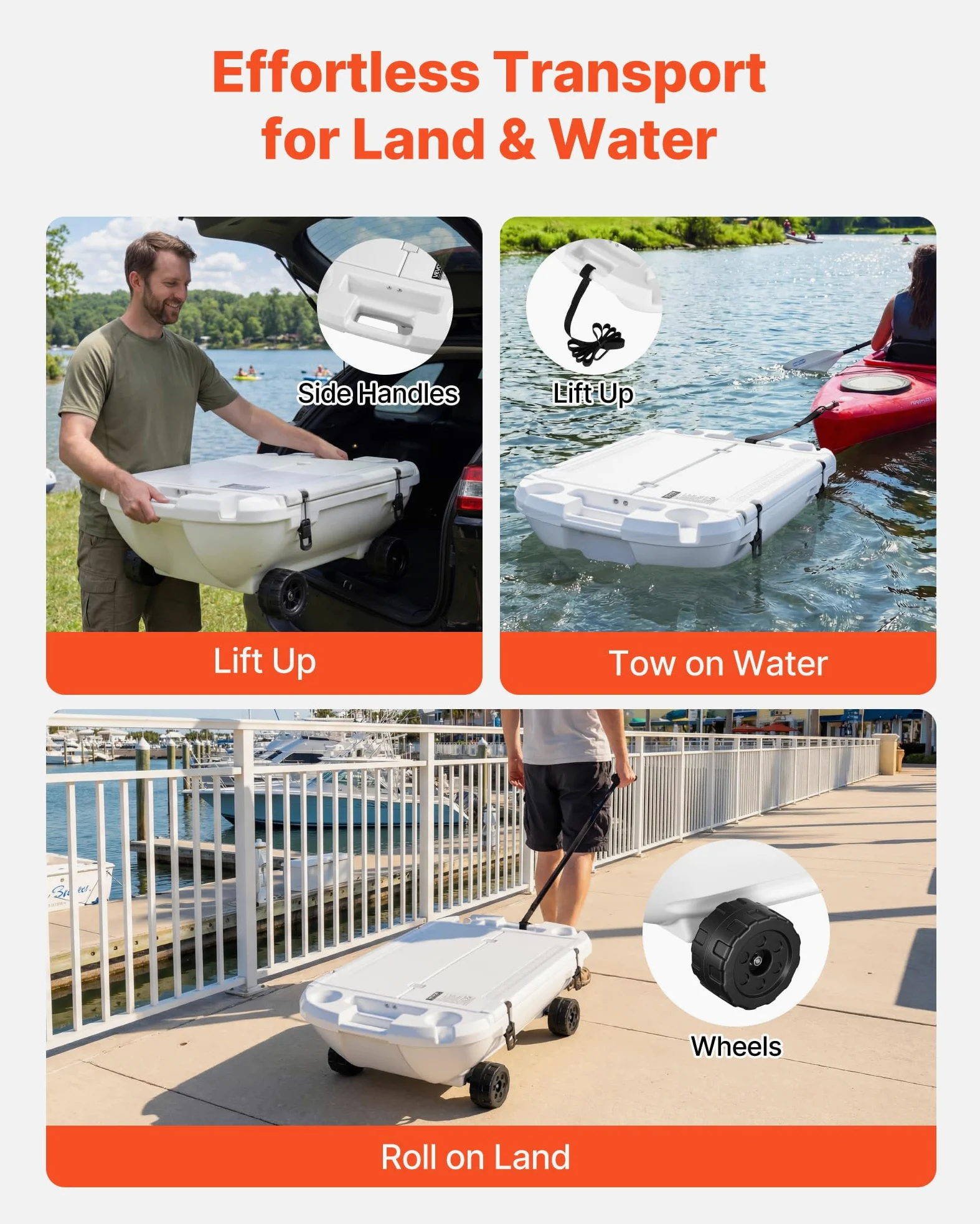 VEVOR Nevera Flotante 37,9 L Enfriador Flotante para Agua y Tierra con Carcasa Rígida Aislada, Ruedas, Portavasos, Cuerda de Remolque, Asas Laterales para Playa Piscina Barco Bebida Hielo Color Blanco