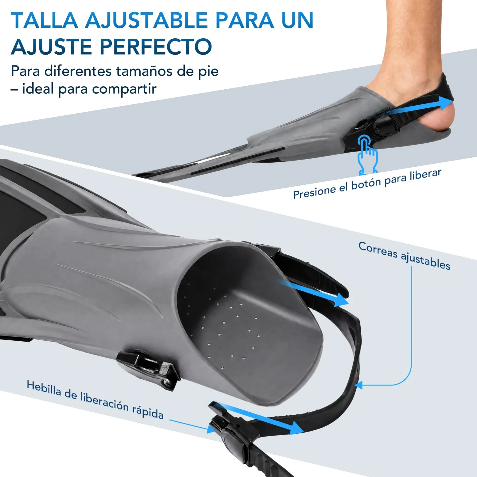 TOMSHOO Aletas de snorkel cortas ajustables con talón abierto para adultos, hombres, mujeres para bucear, bucear, viajar