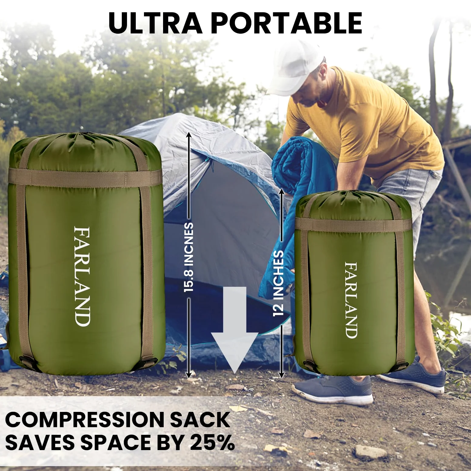 FARLAND - Sacos de Dormir 20 para Adultos, Adolescentes y niños, con Saco de compresión, portátil y Ligero, para Acampar de 3 a 4 Estaciones, Senderismo, Impermeable, mochilero y al Aire Libre