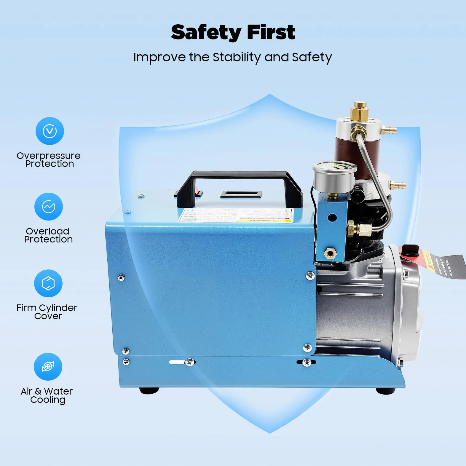 Bomba de aire eléctrica de 1800 W, 2800 rpm, enfriamiento de aire de agua, depósito de aceite de 350 ml, compresor de alta presión 0-30 MPa, válvula de alivio de presión, bomba de pistón de compresión