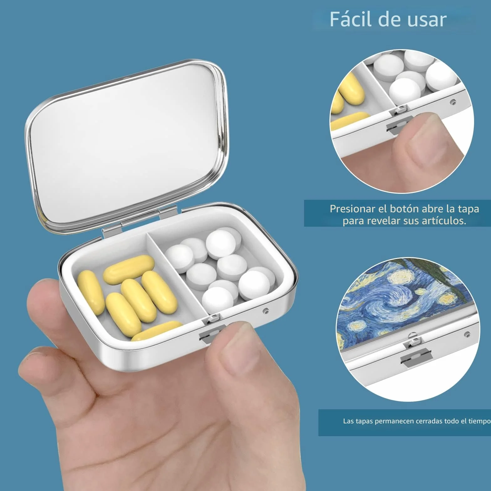 Pastillero de metal 2 compartimentos portátil para medicinas organizador de vitaminas