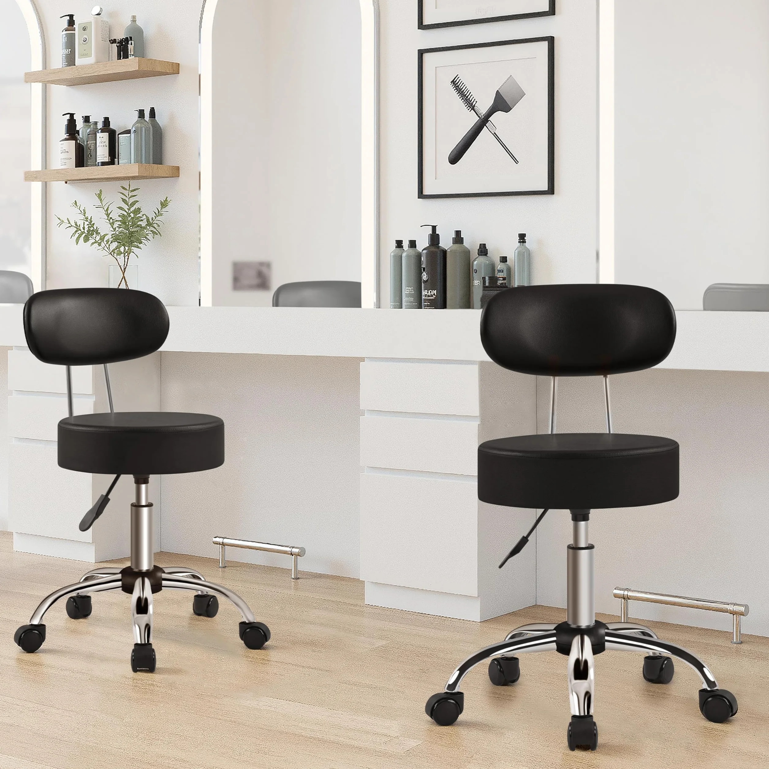 Yaheetech Taburete de Peluquería, Silla Giratorio 360º, Altura Regulable, con Respaldo, Negro