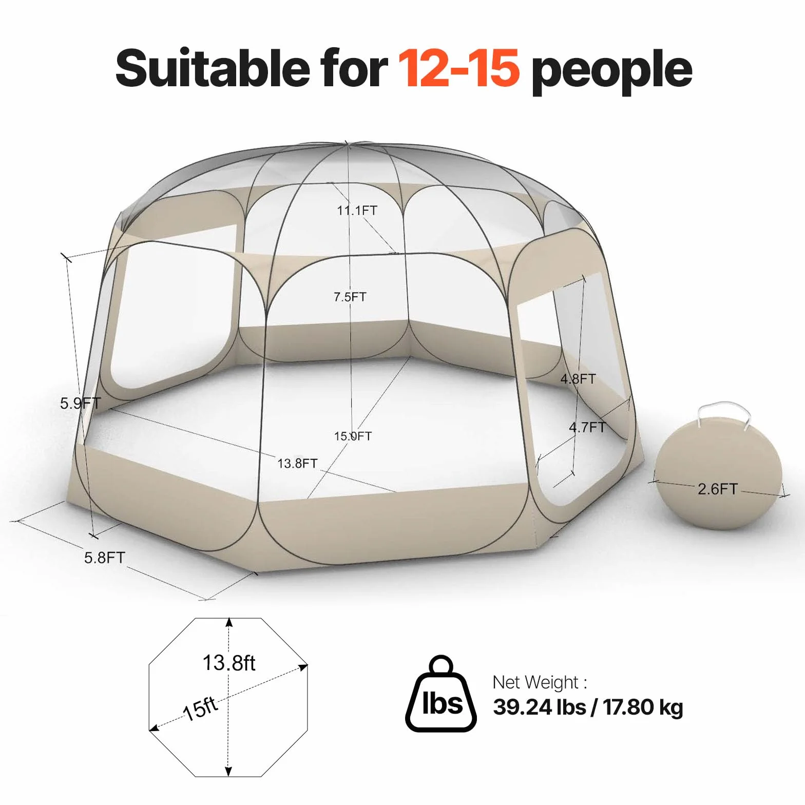 VEVOR Tienda de Campaña Plegable, 458 x 432 x 230 cm, Impermeable y Resistente a Los Rayos UV, Tienda Transparente con Ventanas y Vista Panorámica de 540° para 12-15 Personas para Patio y Jardín