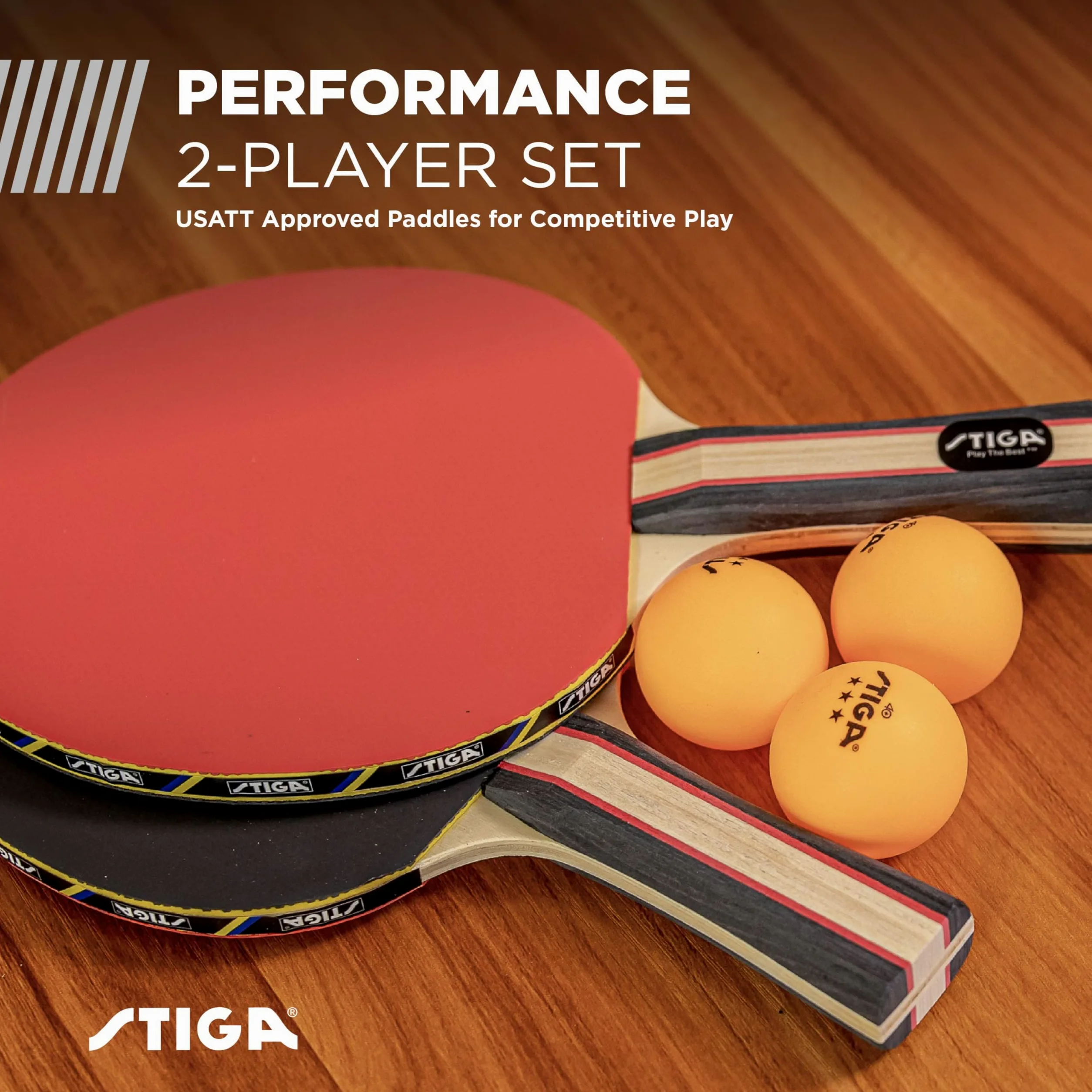 STIGA Performance - Juego de Ping Pong para 2 Jugadores, 2 Raquetas de Tenis de Mesa, 3 – 3 Bolas Naranjas de Estrellas Incluidas