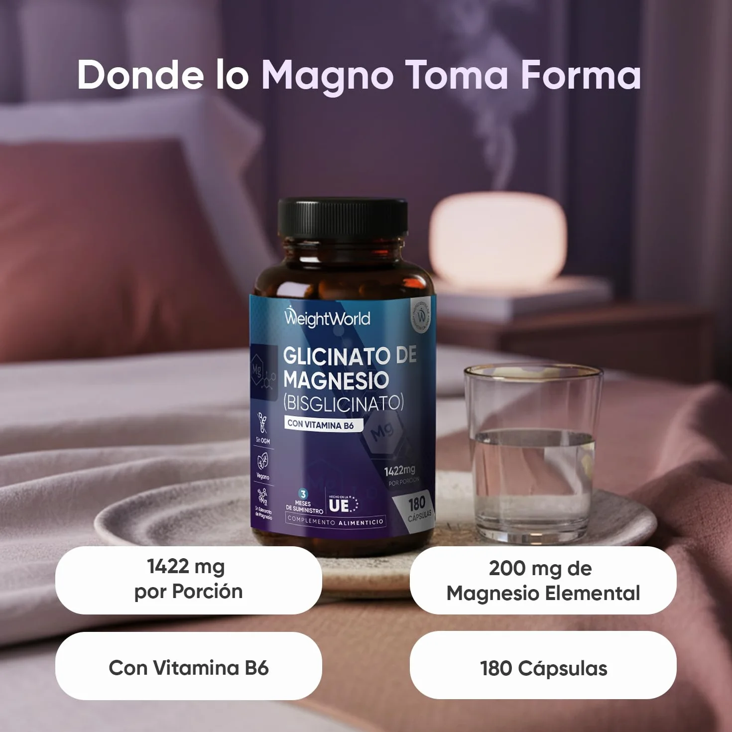 Glicinato de Magnesio 1422mg con Vitamina B6 - 180 Cápsulas Veganas, 200mg Magnesio Puro, Sin OGM