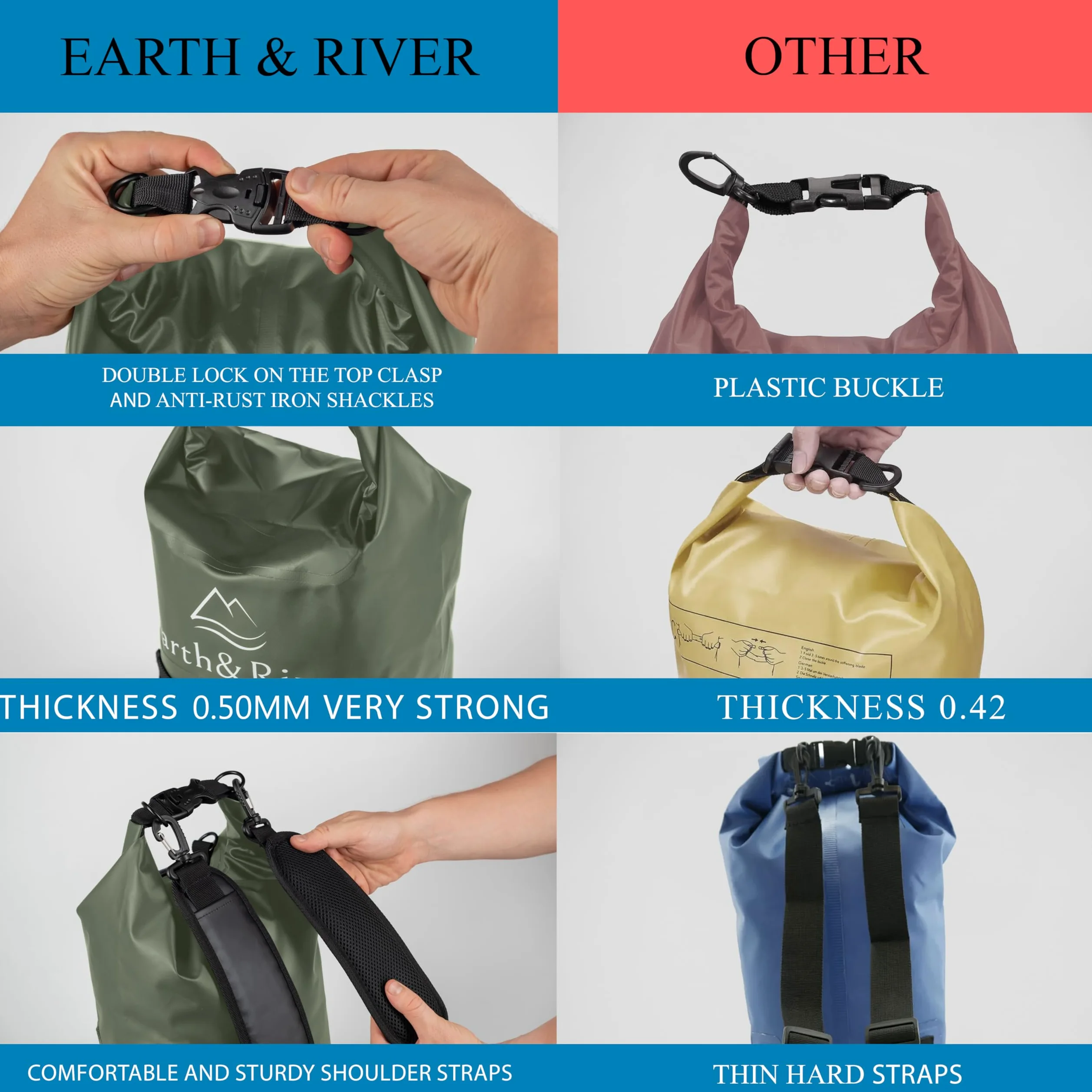 EARTH&RIVER Mochila seca para kayak, mochileros, rafting y navegación, protección impermeable resistente, correas de hombro anchas y ajustables (verde militar, 10 L)