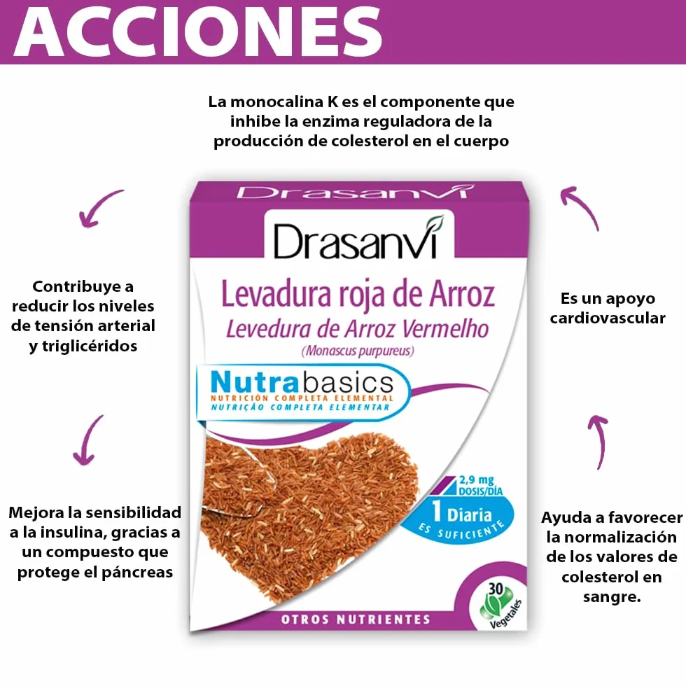 DRASANVI Levadura Roja de Arroz Monascus purpureus 2,9 mg Monocolina K 30 Cápsulas