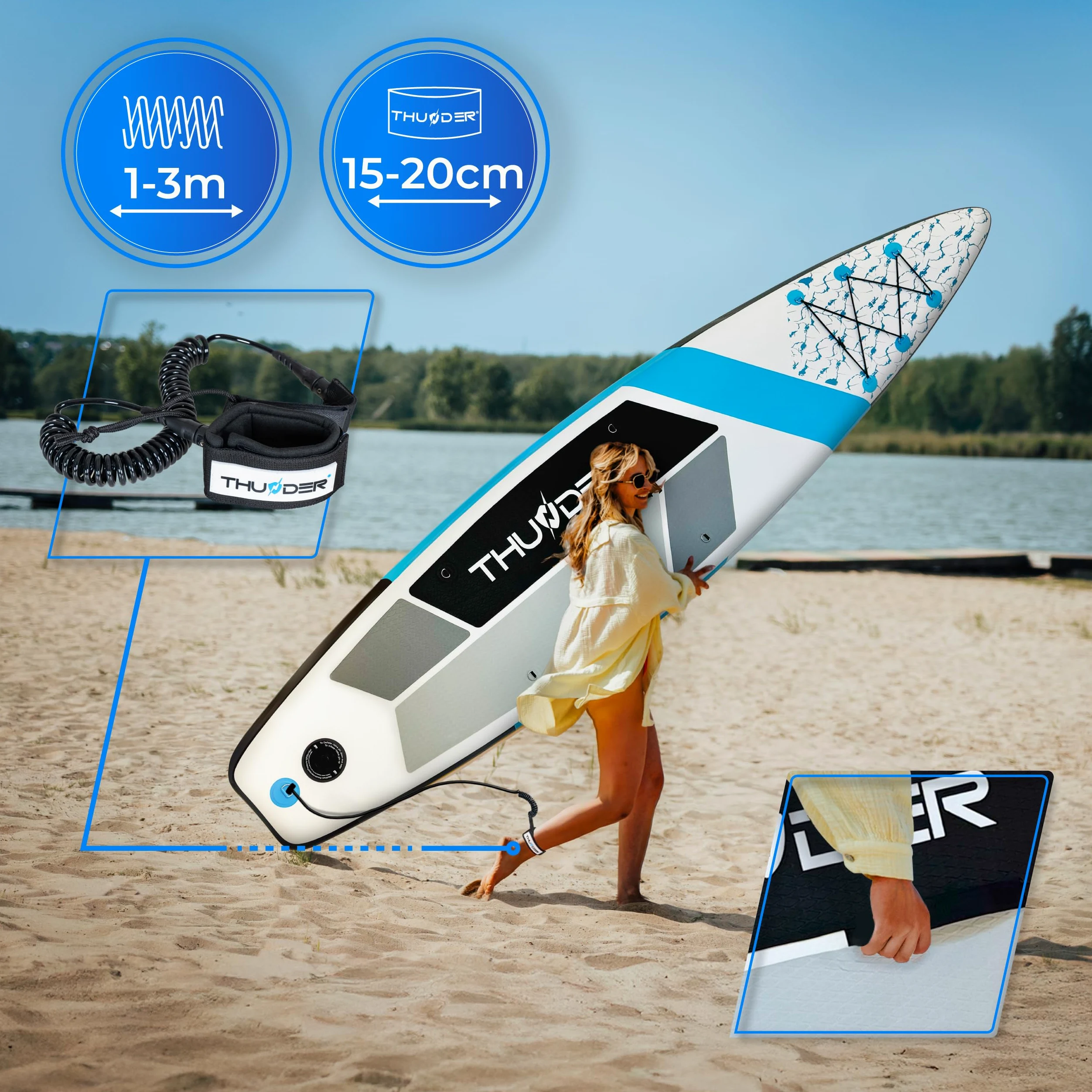 THUNDER Tabla de Sup Inflable 320 cm con Asiento de Kayak – Set con Remo, Bomba y Mochila – Estable y Antideslizante para Adultos