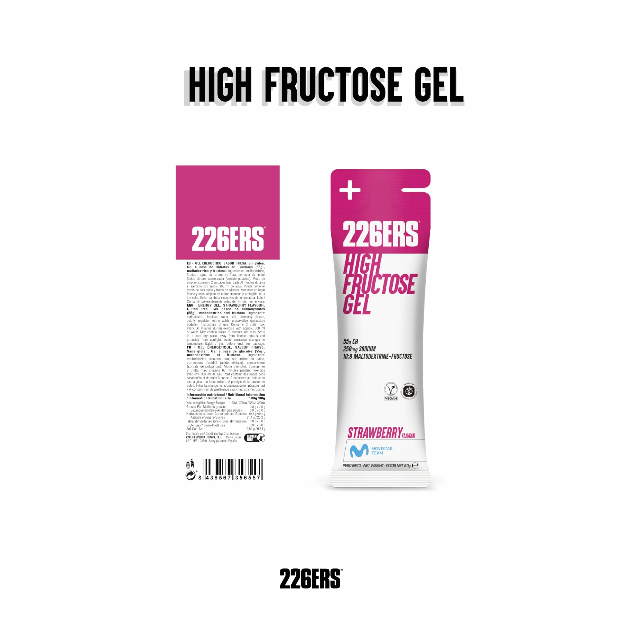 226ERS Gel Energético Fresa 80g, Alto Contenido Fructosa, Maltodextrina, Vegano Sin Gluten