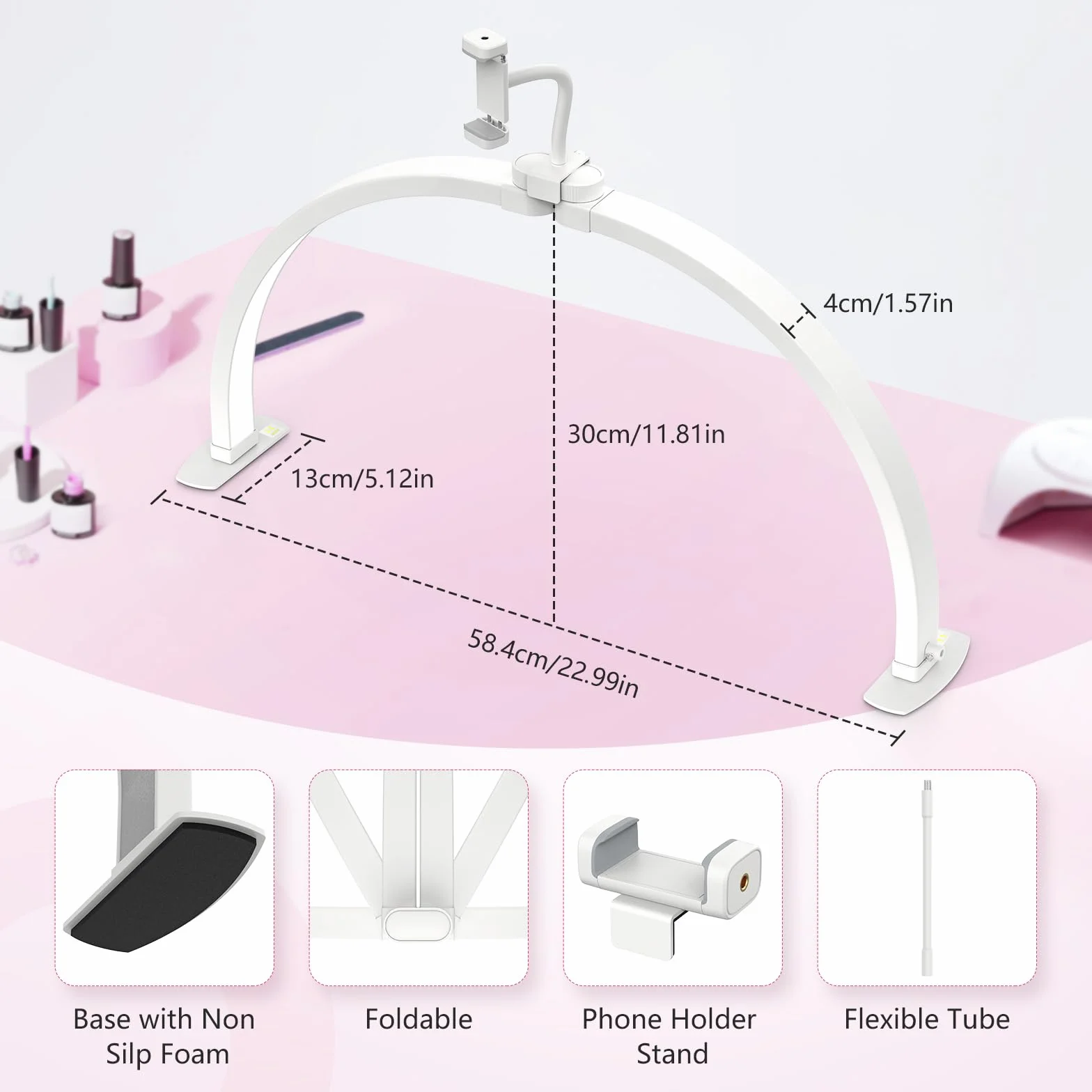 Media Luna Lámpara para Uñas 23" con Soporte para Teléfono 3 Modos de Color 10 Niveles de Brillo Ajustables Manicura Blanco