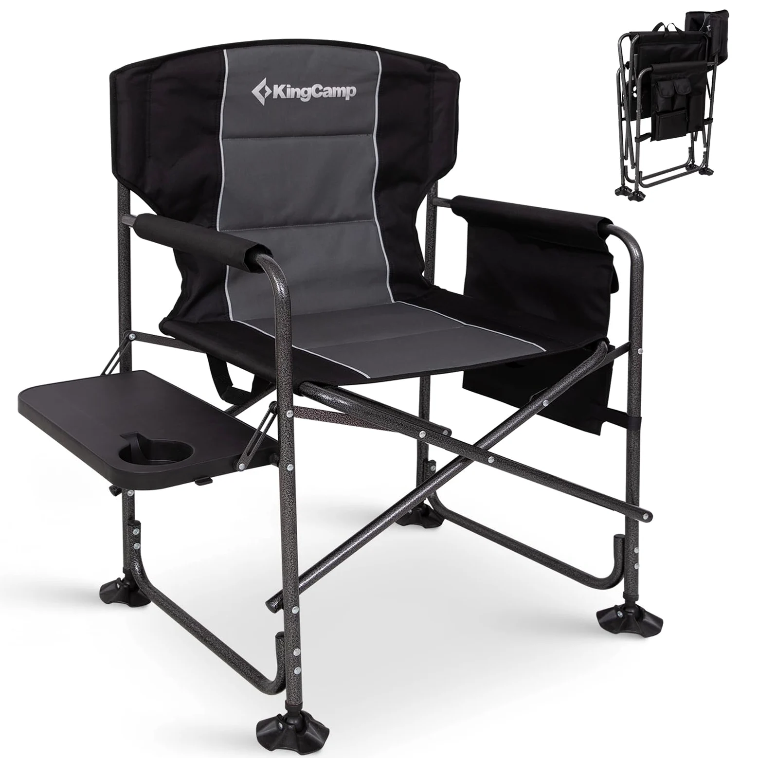 KingCamp Silla de Director Camping Plegable, hasta 200 kg | Silla de Camping Plegable Acolchada para Adultos, Mesa Lateral y Bolsillos Laterales, Silla Portátil de Pesca Camping Jardín