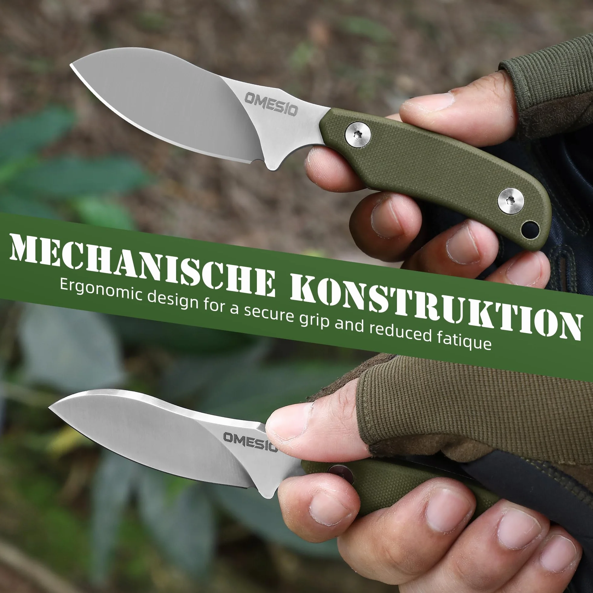 Omesio EDC Couteaux - Cuchillo de Cuello con funda Kydex, Cuchillo de Cuello Acero fijo pequeño D2 Full Tang Mango G10 Punta Nessmuk