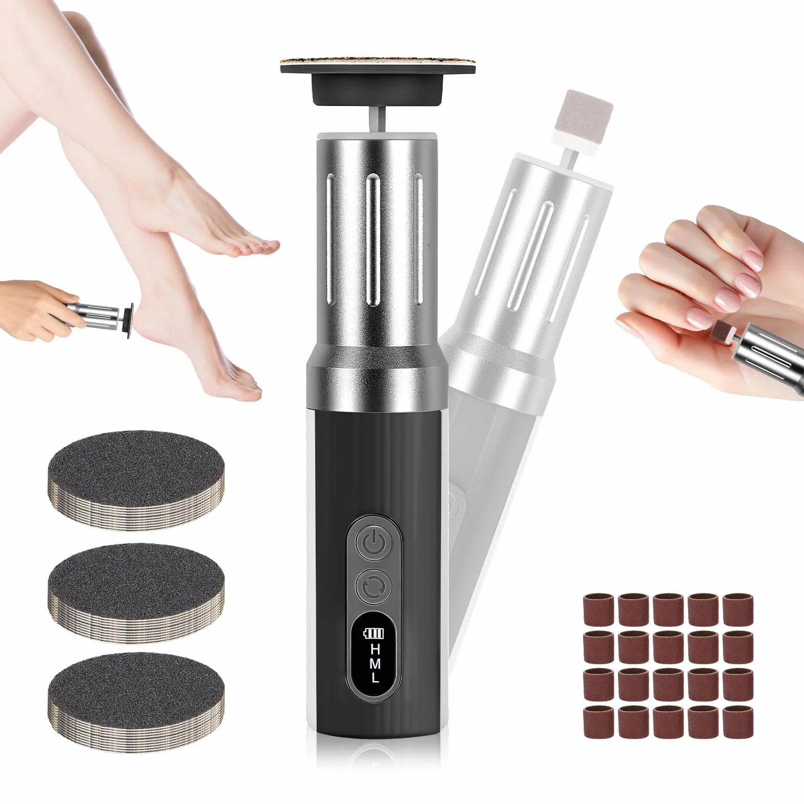 Dermaglide Eliminador de callos eléctrico 2 en 1 para pedicura con pantalla LCD 6 velocidades ajustables talones agrietados durezas gris plateado