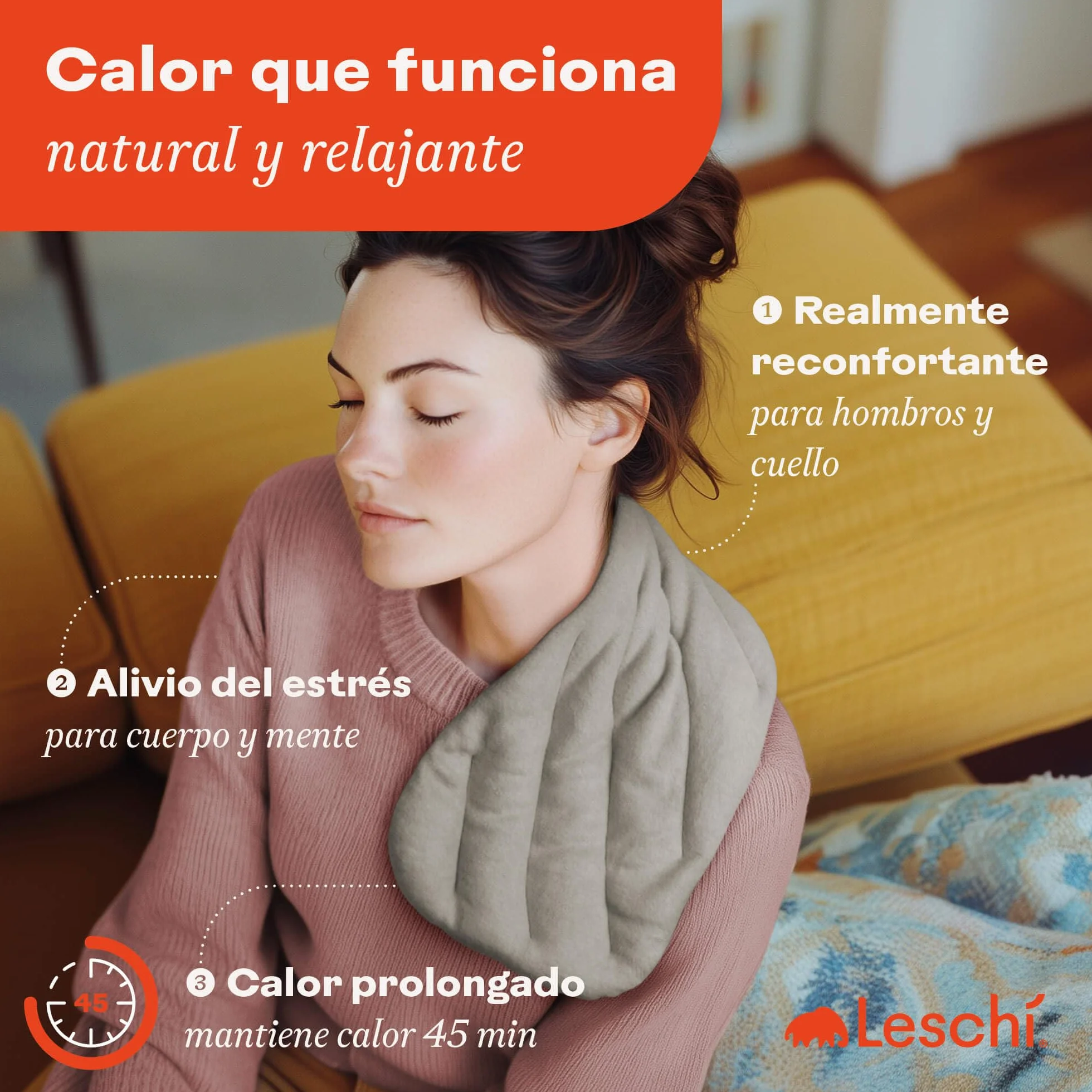 LESCHI XXL Saco Térmico de Semillas para Microondas 50x20cm 8 Compartimentos 100% Algodón Trigo Orgánicos Gris