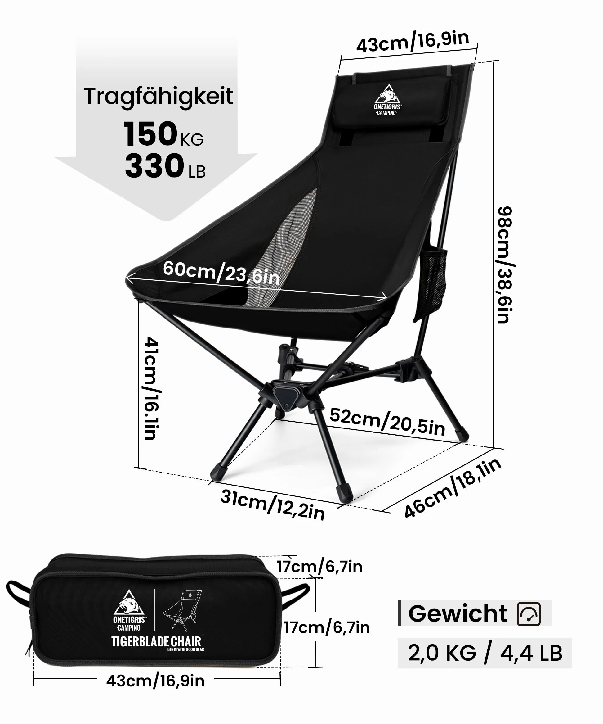 OneTigris TIGERBLADE Silla de camping plegable con respaldo alto, 170 kg, silla plegable para camping, ligera, marco triangular, silla plegable con 2 bolsillos laterales, silla plegable ultraligera