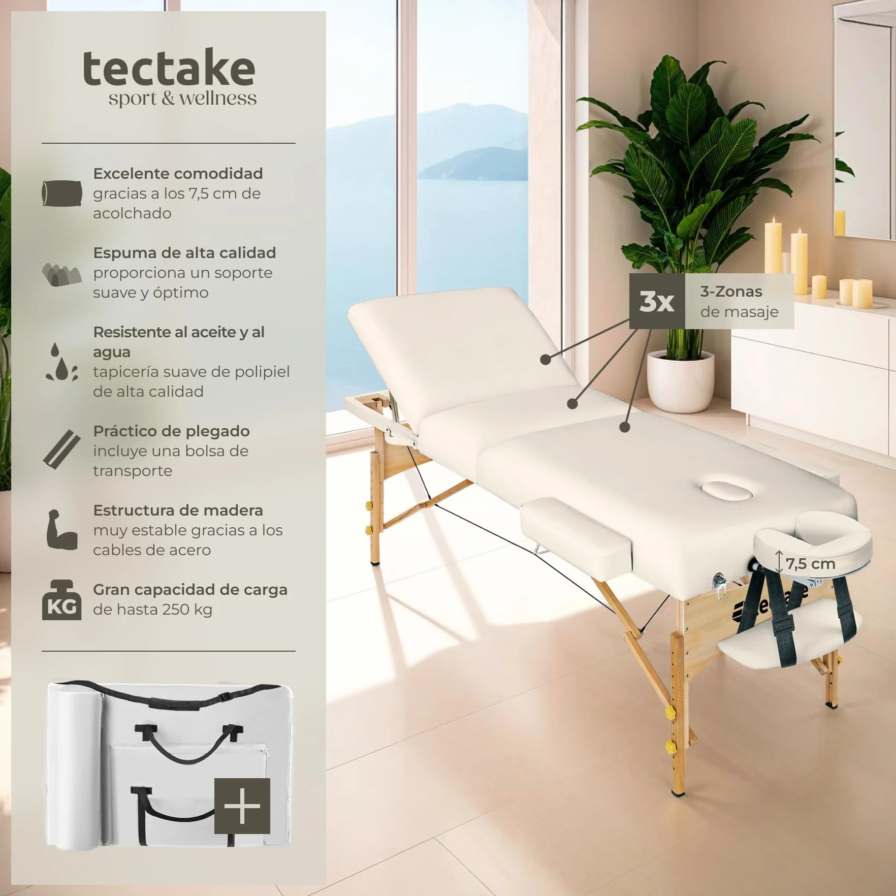 Camilla Masaje Plegable Portátil Ajustable 250kg Acolchado 7,5cm Beige
