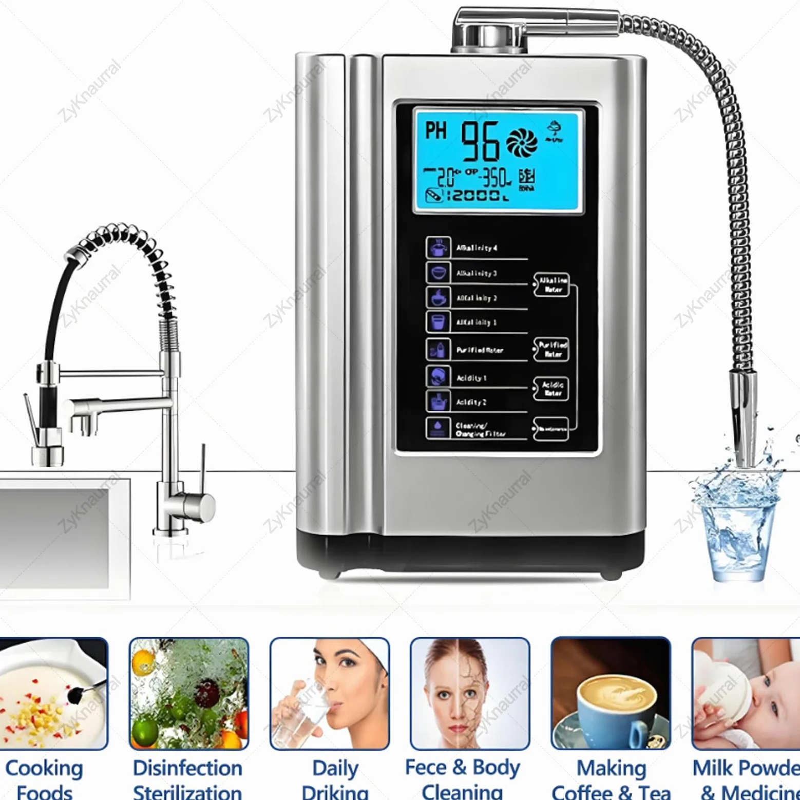 Máquina De Agua Electrolizada, Ionizador De Agua Alcalina De Ph 3.5-10.5, Valor De Orp Hasta -500 Mv, 8000 Litros Por Filtro, 7 Configuraciones De Calidad Del Agua, Limpieza Automática Silver