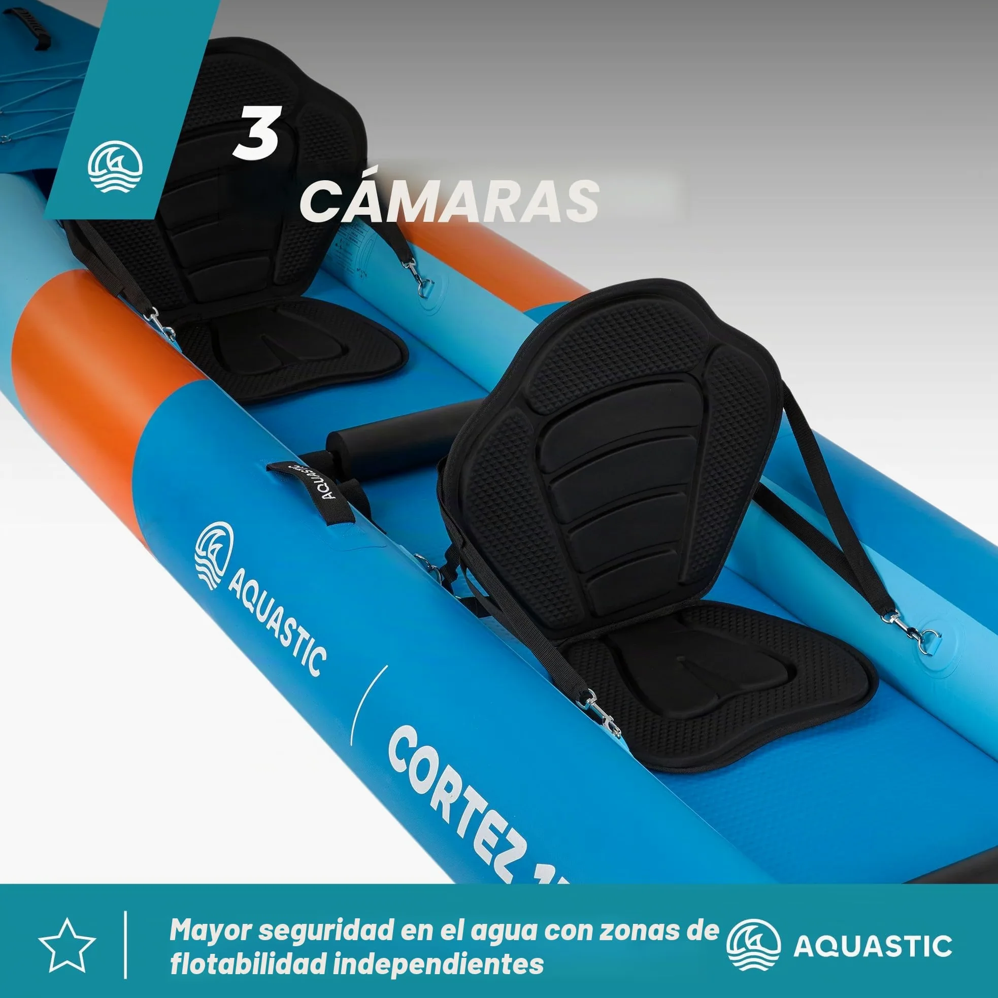 AQUASTIC Cortez - Kayak Hinchable para Dos Personas, 3 cámaras, Capacidad de Carga de hasta 180 kg, Juego de Mochilas, paletas, Asientos, Bomba, Aletas, Estable