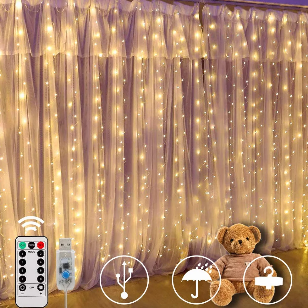 SUNNOW Cortina de Luces 300 LED 300x300cm 8 Modos con Mando USB Impermeable para Fiestas Navidad Bodas
