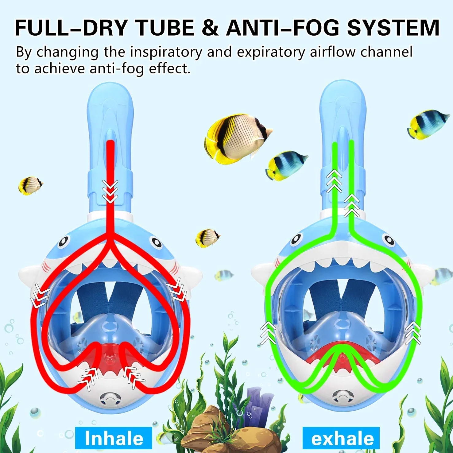 Máscara de Snorkel de Cara Completa Premium para Niños con Dry-Top para Proteger la Cara bajo el Agua