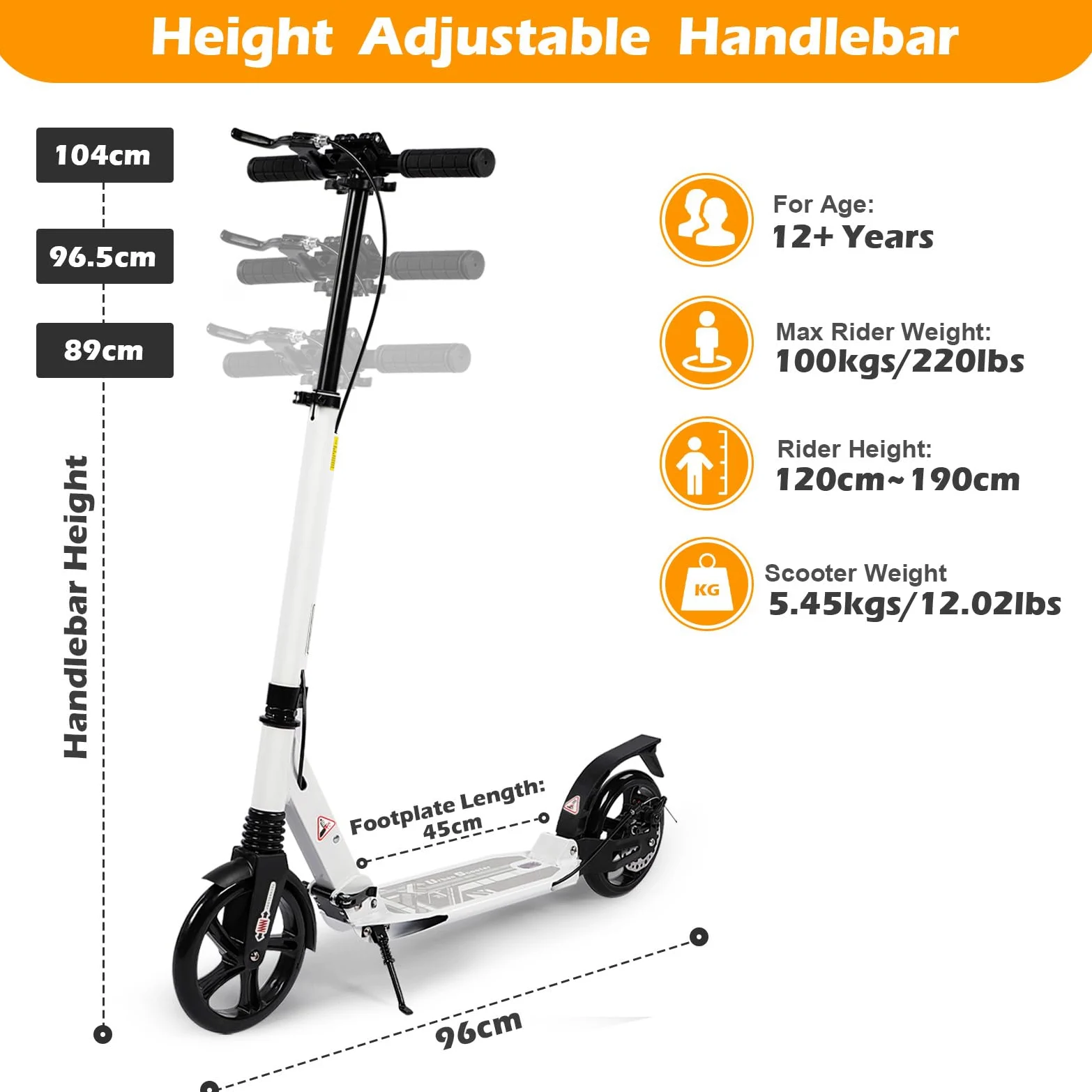 Patinete Plegable para Adultos con Ruedas 200 mm Frenos Disco Altura Ajustable