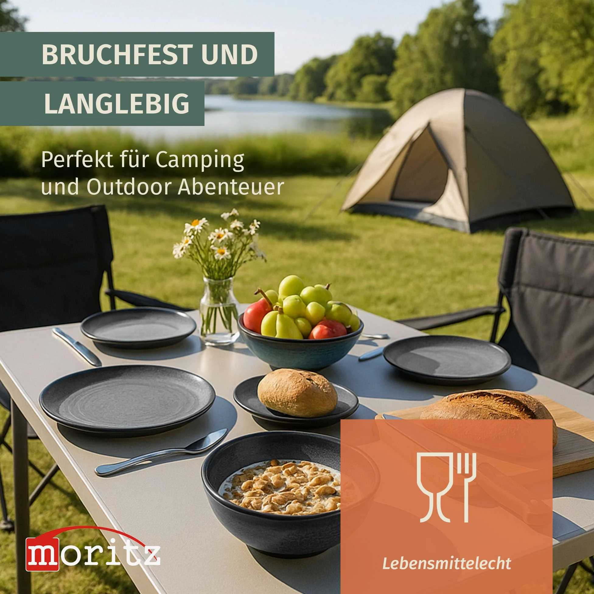 Vajilla de melamina para camping, 4 personas, color gris piedra + 4 vasos de vino blanco Tiamo vajilla de mesa de picnic barbacoa