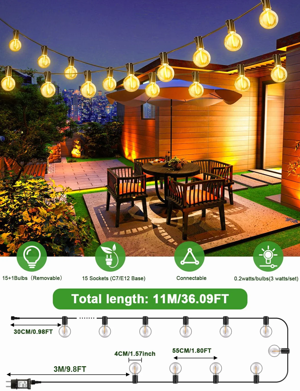 FIFlying Guirnalda Luces Exterior 11M 36Ft 15+1 G40 Bombillas IP44 Impermeable LED Enchufe Jardín Patio