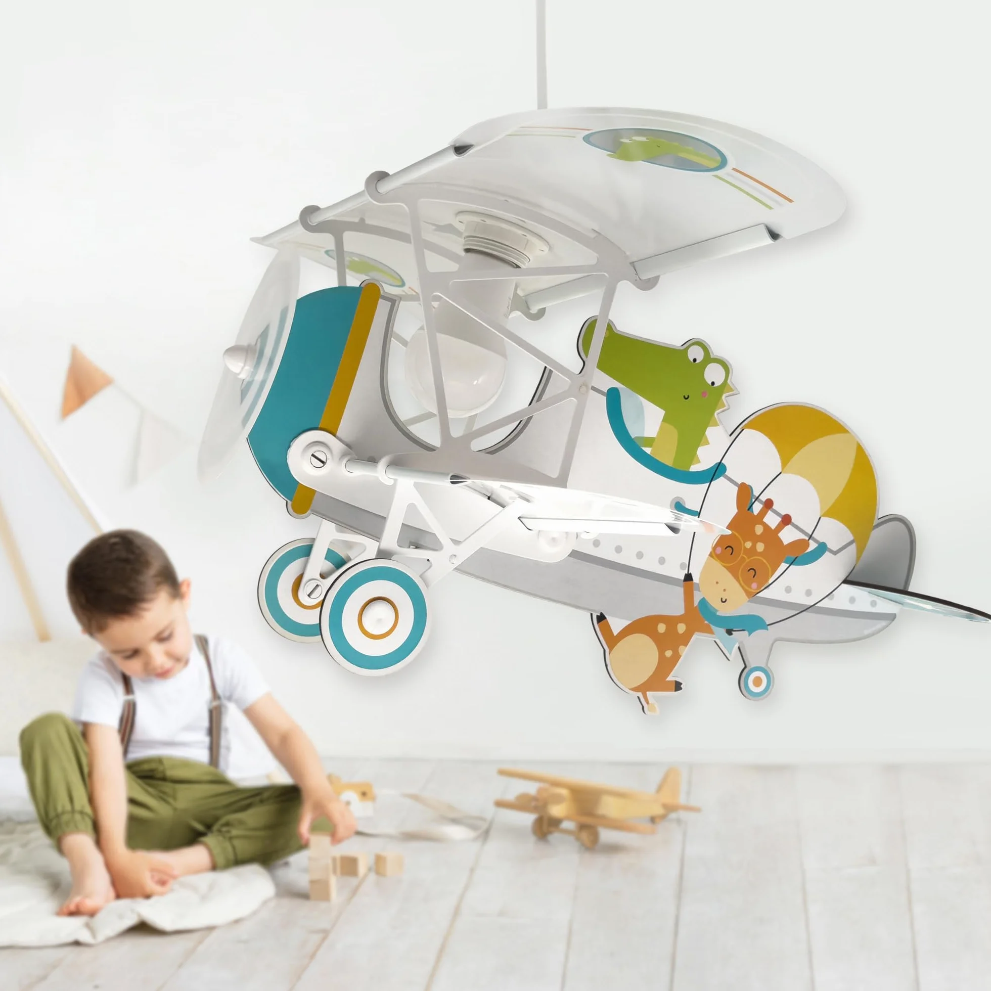 Dalber Lámpara Techo Colgante Infantil Avión Cocodrilo Blanco E27 15W