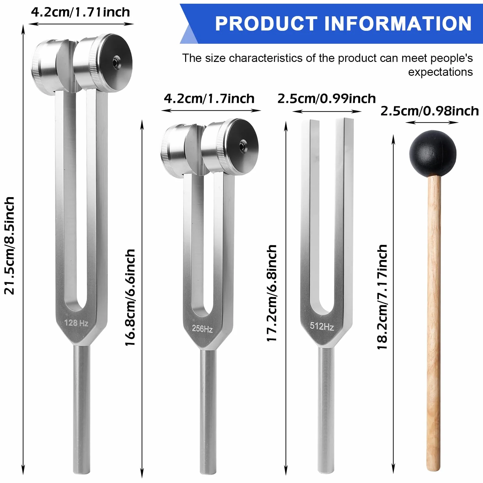 Juego de martillo de horquilla 3 diapasones 128 Hz 256 Hz 512 Hz con mazo bolsa de tela para terapia