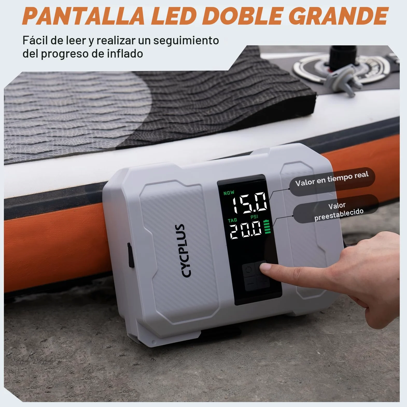 CYCPLUS Bomba de Paddle 20PSI Recargable - Inflado Inteligente de Doble Etapa, Función de Desinflado, Apagado Automático y Pantalla Dual LED, Ideal para Paddleboard, Bote Inflable y Colchón