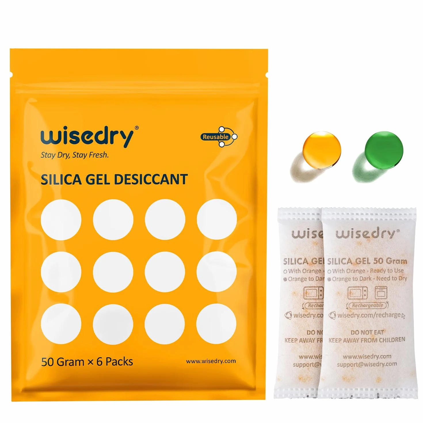Wisedry Gel De Sílice Bolsitas Desecante Reutilizable 50g 6 Paquetes Indicador de Absorción de Humedad