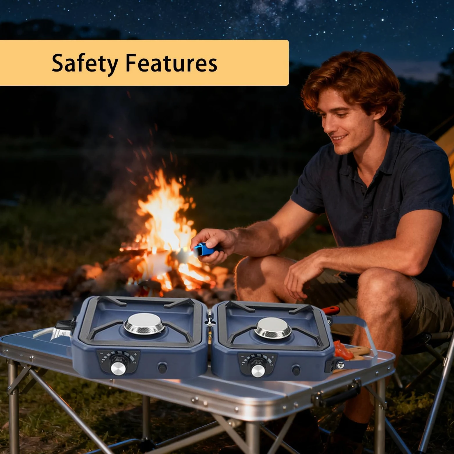 Estufa de camping de 2 quemadores con plancha, barbacoa plegable con quemadores ajustables y encendido piezoeléctrico para cocinar al aire libre, senderismo y eventos de jardín