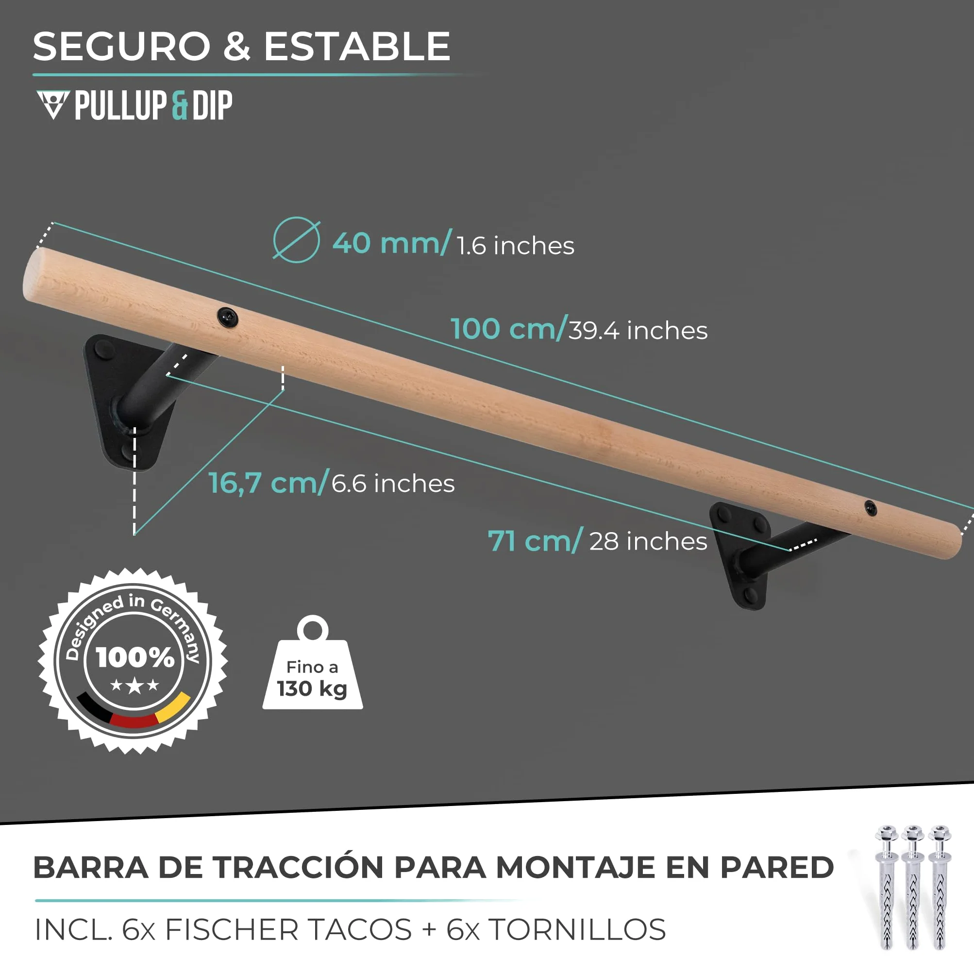 PULLUP & DIP barra de dominadas de madera de haya – para montar en pared sobre el marco de la puerta – barra de 40 mm para dominadas y fuerza de agarre – barra de pared para gimnasio en casa