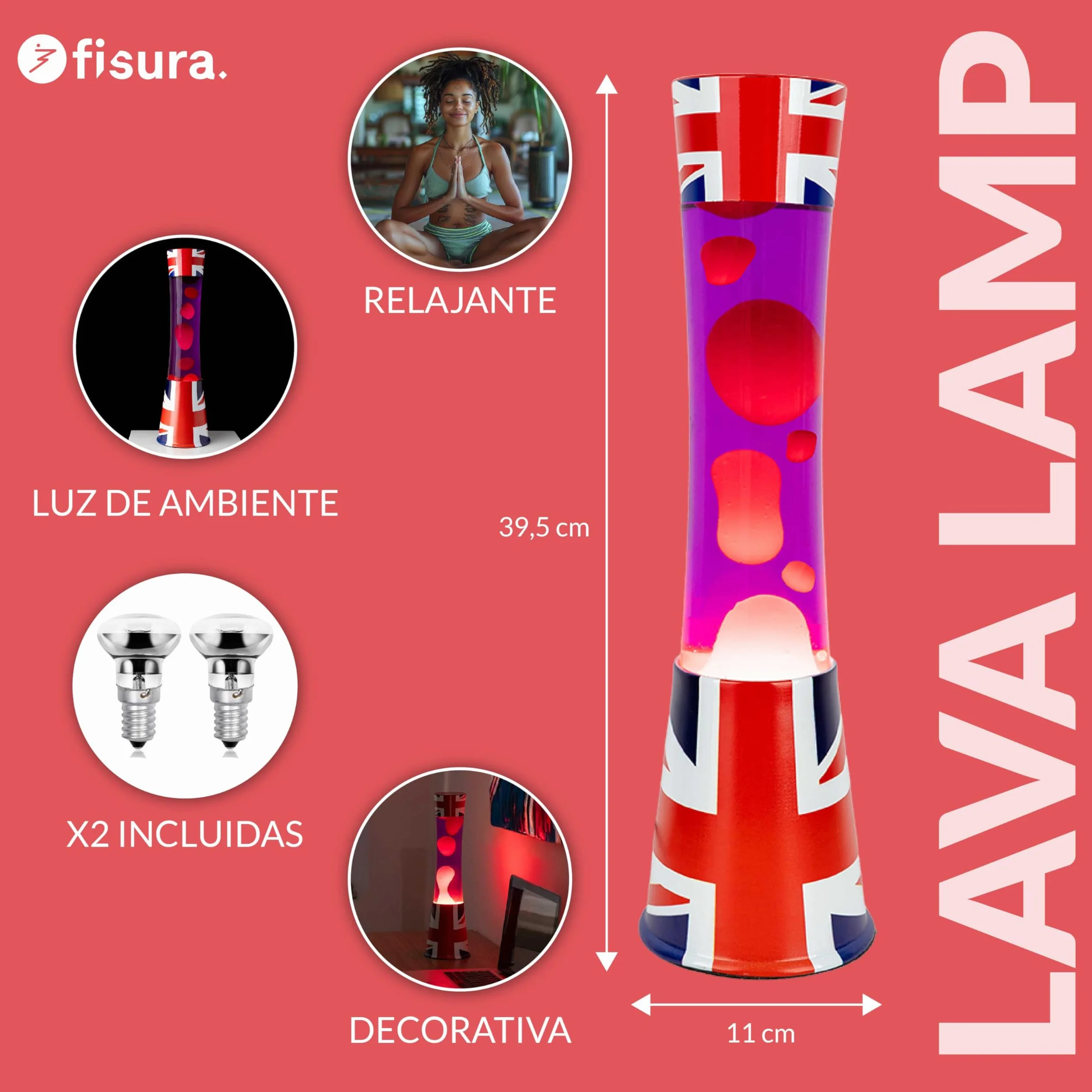 Lámpara de lava bandera Reino Unido 11x11x39,5 cm con bombilla de repuesto