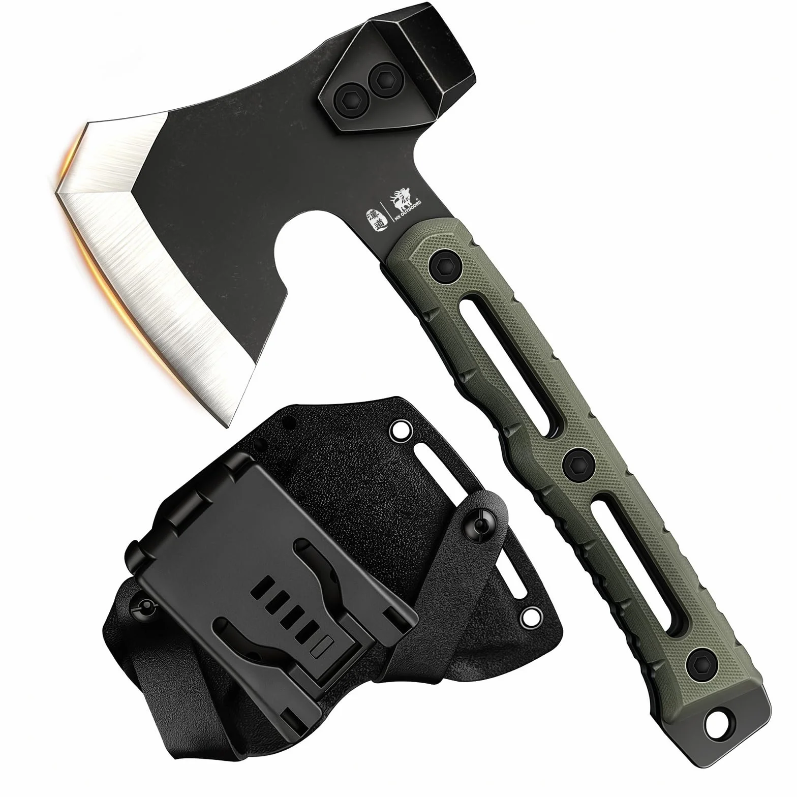 Hacha de Partir Multifuncional, Pequeña Hacha de Supervivencia y Táctica para Camping, Hachas de Mano para Bushcraft con Martillo y Funda de Kydex (Verde Militar)