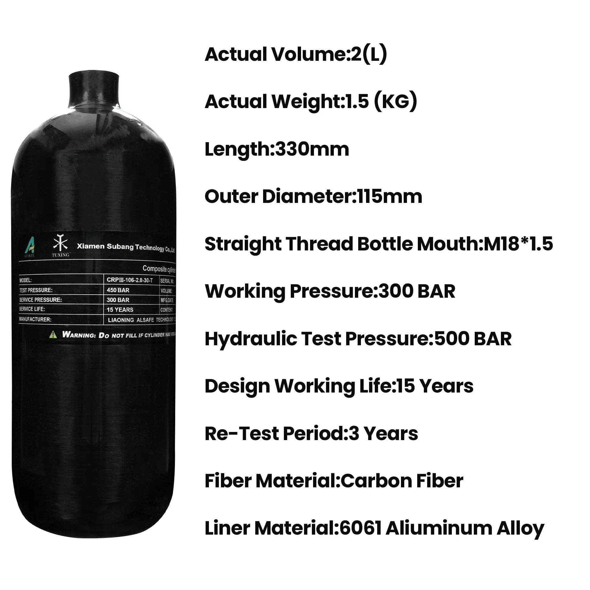 TUXING Depósito de aire HPA de fibra de carbono de 4500 psi, 2 l, 122 Cu con válvula reguladora de relleno PCP, para tanque de buceo Pcp Air Rifle (Empty Bottle), M18 x 1,5