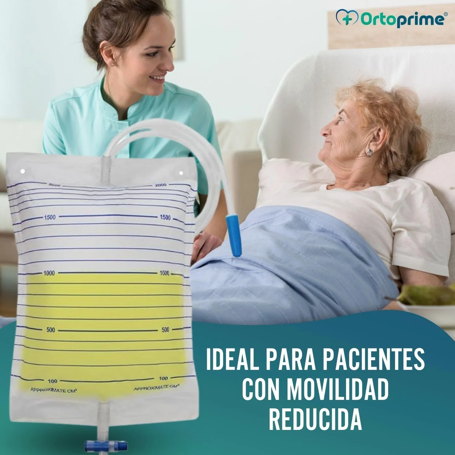 OrtoPrime Bolsa de Orina 2 Litros Válvula Antirreflujo Grifo Tubo 120cm Pack 25 Unidades
