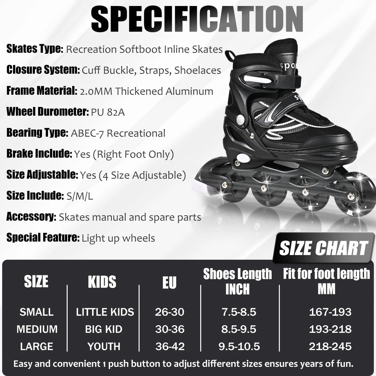 Patines en línea Ajustables para Niños y Niñas, Negro y Blanco, 4 Ruedas Luminosas para Adolescentes y Adultos