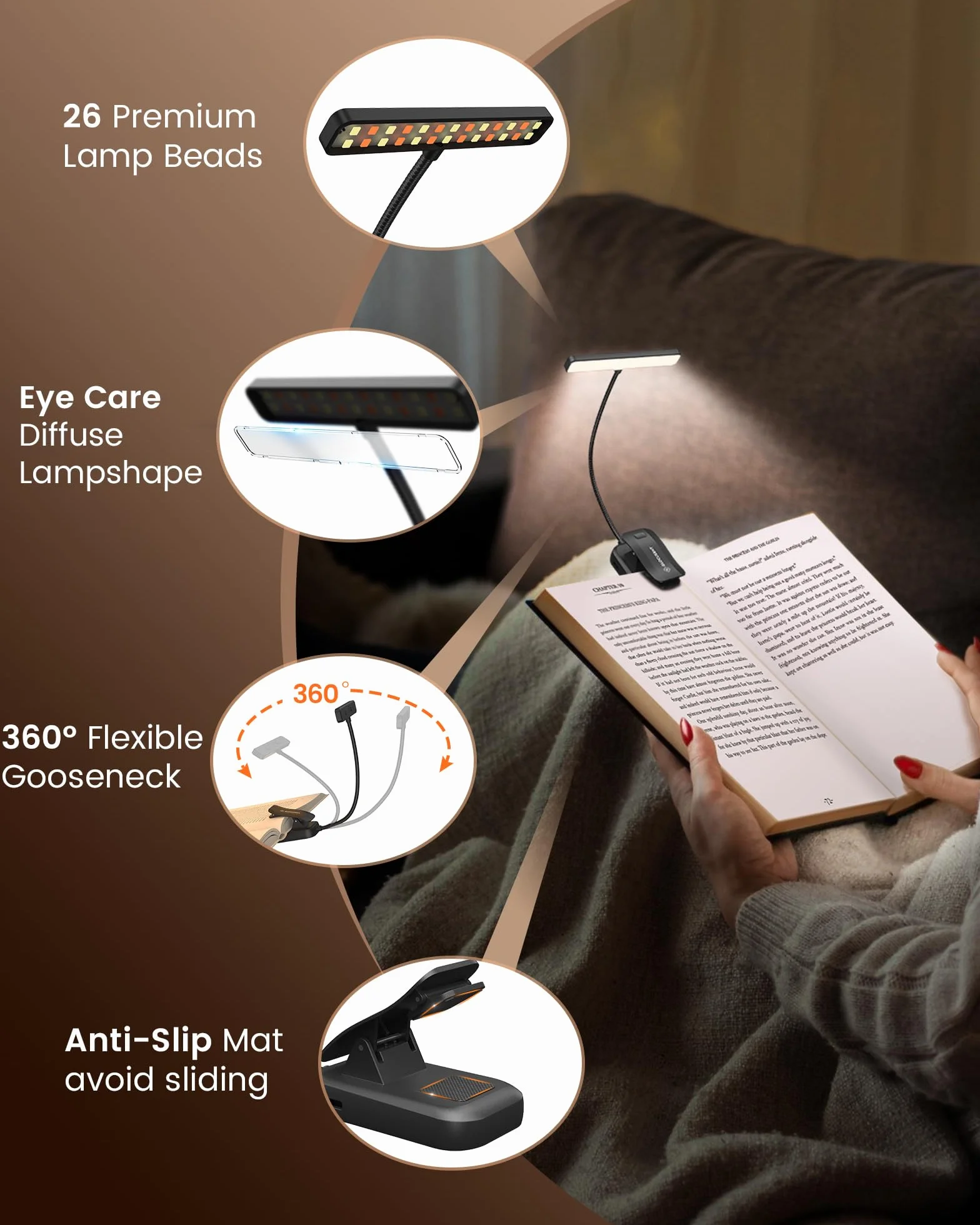 Glocusent 26 LED Luz de Lectura USB-C Recargable 360° Flexible 5 Colores 5 Brillos Protección Ocular Lampara Libro Modo Memoria Negro