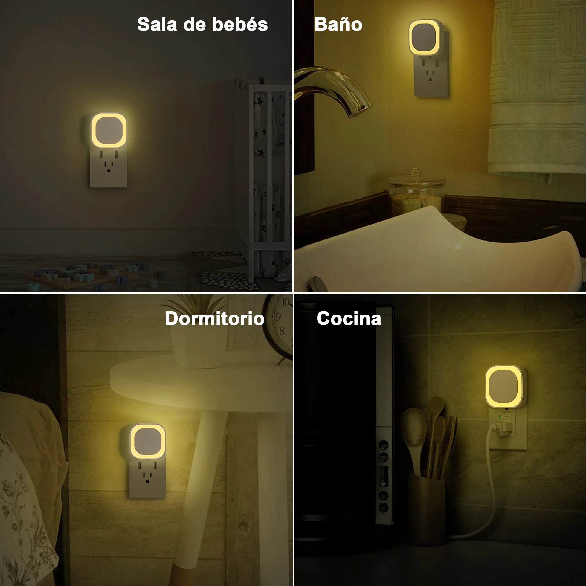 YUNLEX Luz Nocturna LED Infantil con Sensor Crepuscular 2 Piezas, Brillo 3 Niveles, Blanco Cálido