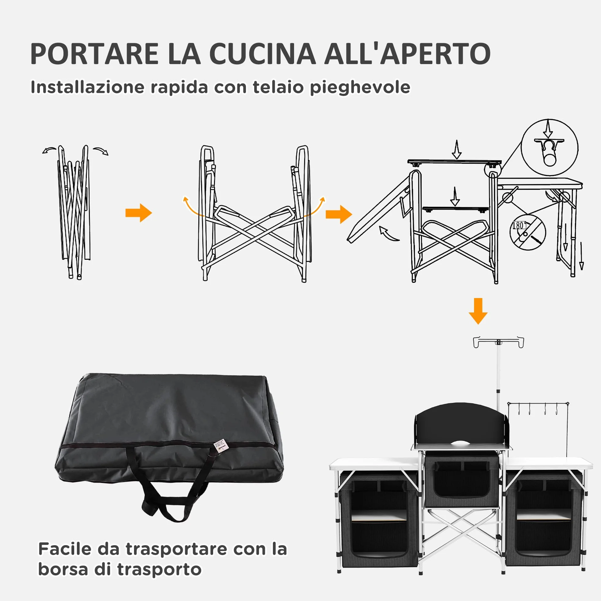 Outsunny Cocina de Camping Plegable, Armario de Camping de 3 Estantes con 5 Estantes Internos, 4 Ganchos y Bolsa de Transporte, Aluminio, MDF y Tejido Oxford, UV50+, 172x48x119 cm, Negro