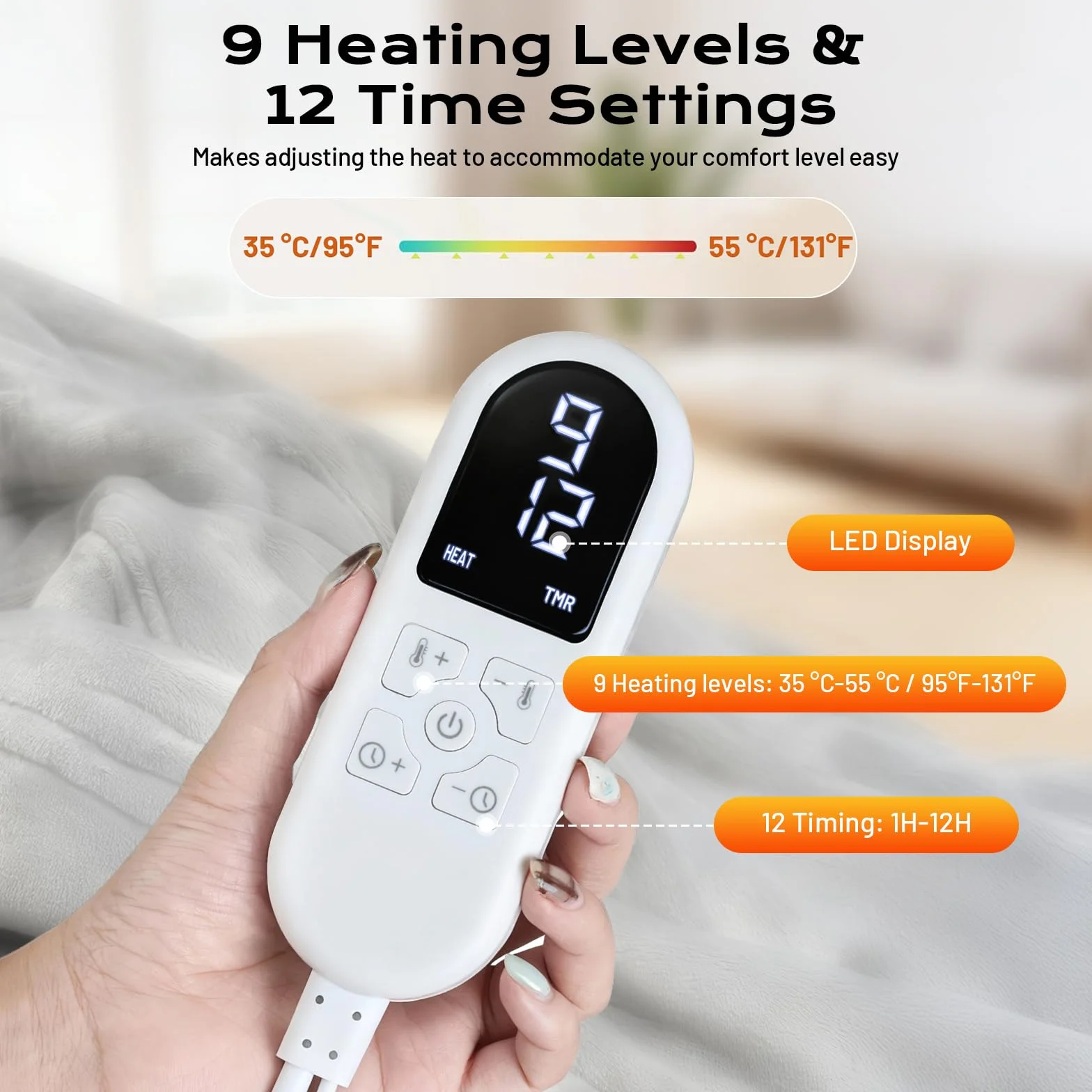 Manta eléctrica con apagado automático 130x160 cm, 8 niveles de calor hasta 55 °C y temporizador de 12 horas, Protección contra sobrecalentamiento, Manta doble para cama o sofá Lavable a máquina