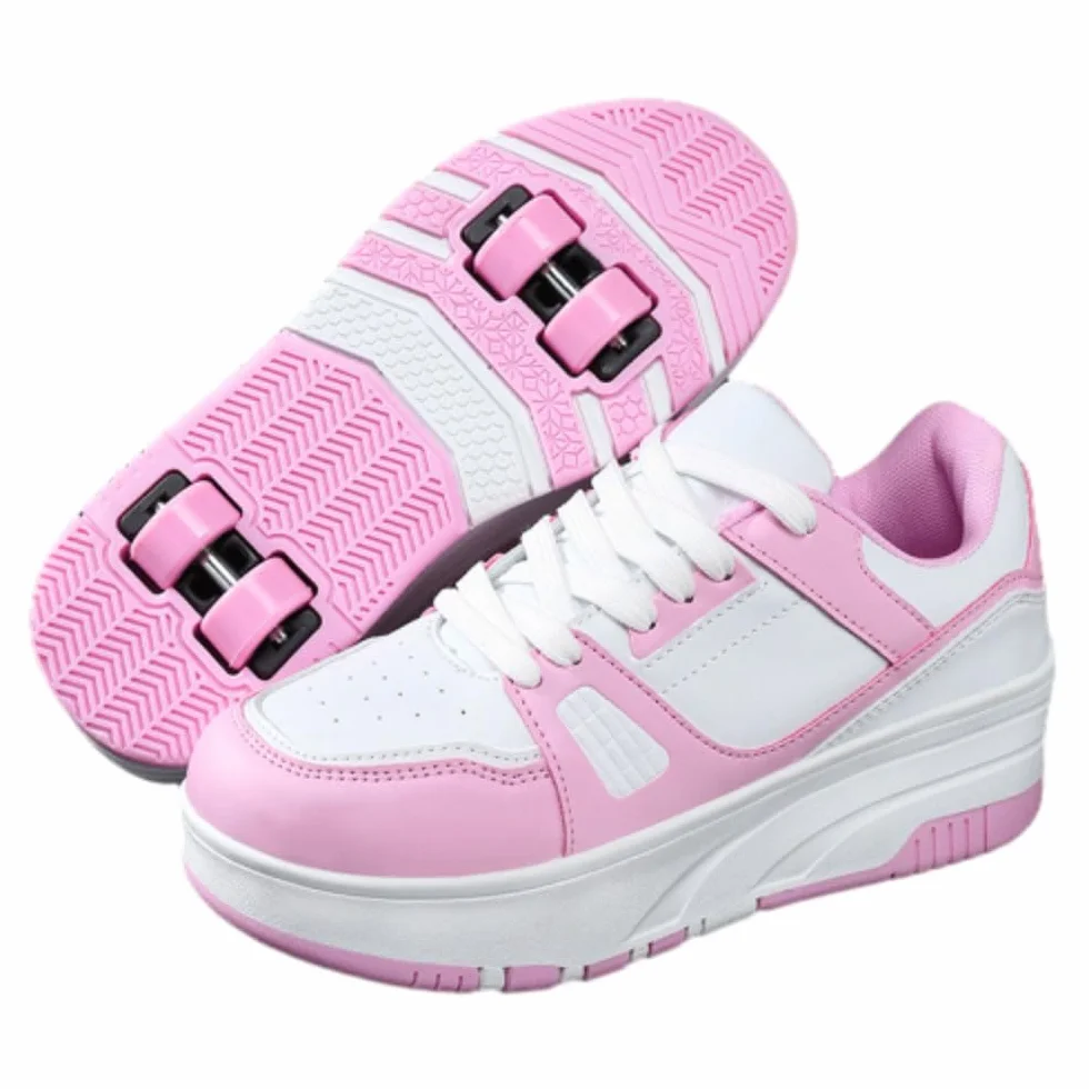ENEN Zapatos con Ruedas para Niños y Niñas, Zapatillas de Patinaje Multifuncionales Rosa Blanco/Negro Blanco
